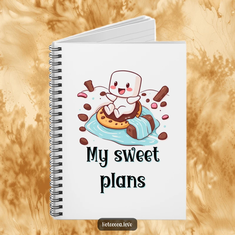 Funny notebook with a happy marshmallow character sliding down a hot chocolate river on a cookie, perfect for creative notes.