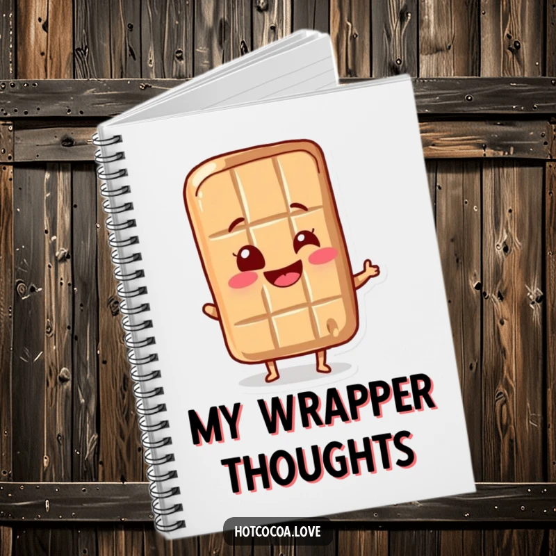 Funny chocolate bar character wiggling its wrapper with delight, on the cover of a notebook, making it a humorous writing tool.