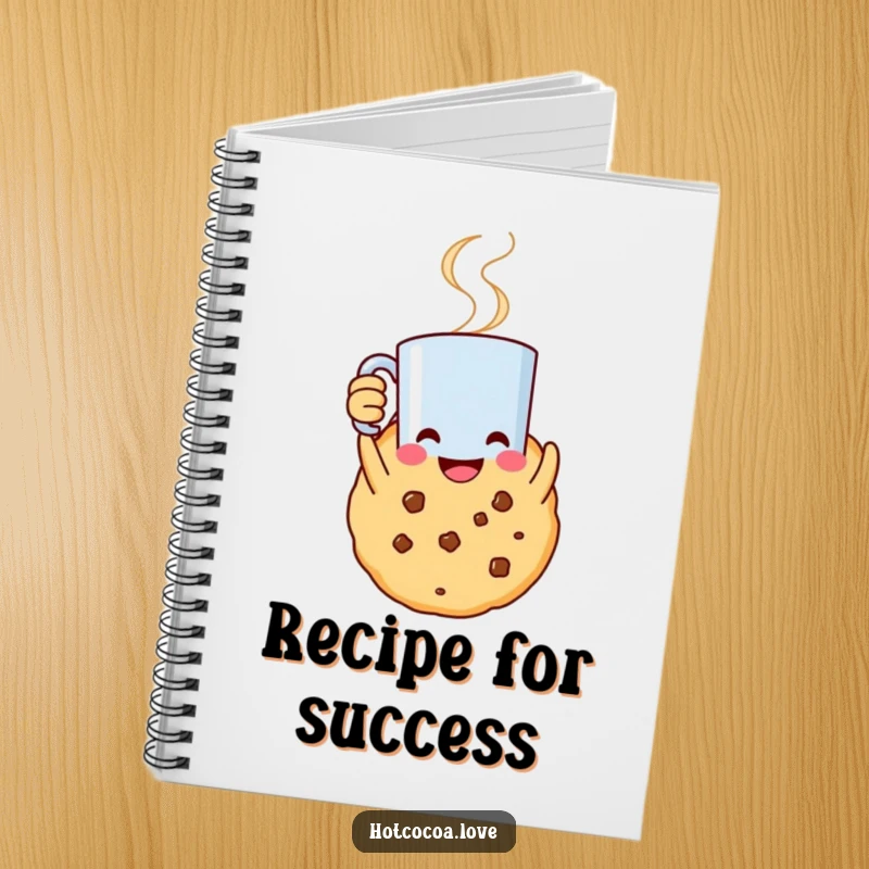 Funny notebook with a smiling cookie character holding a steaming mug aloft, perfect for journaling celebrations.