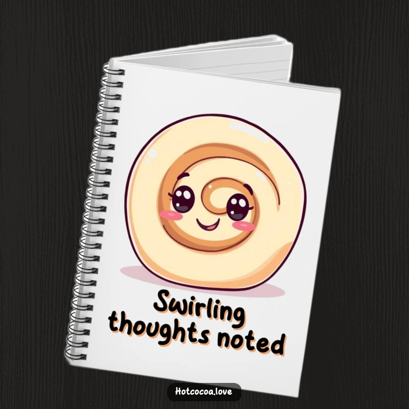 Funny notebook with a gleeful cinnamon roll character with swirl eyes rolling happily on the cover. Sweet journal.