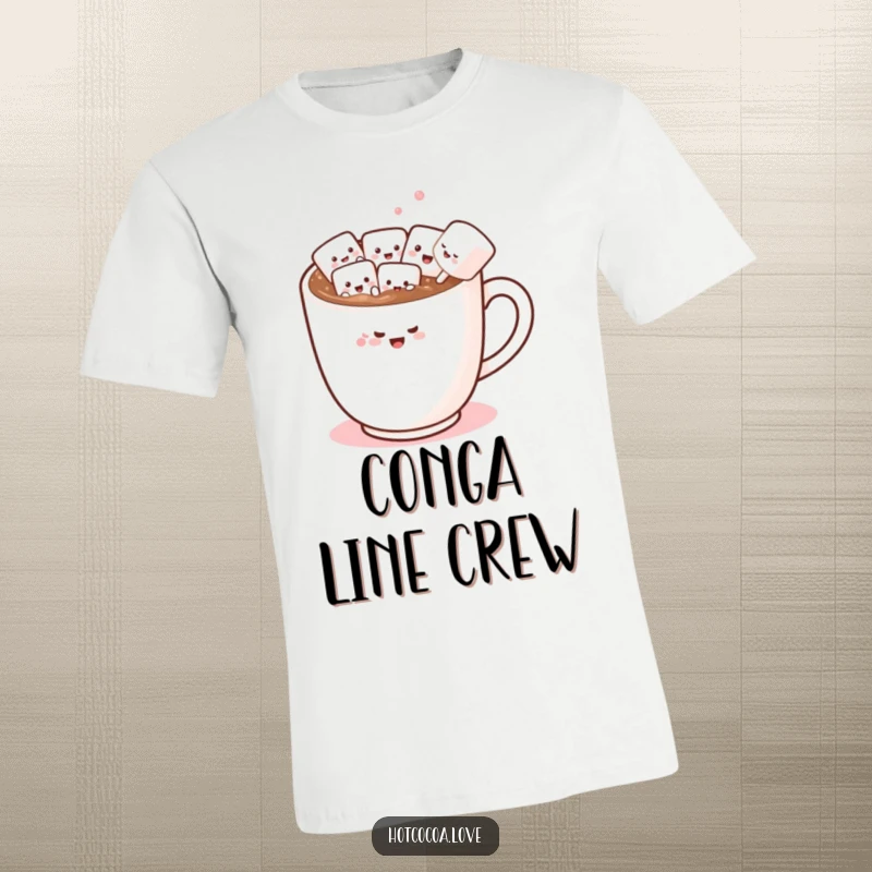 Funny t-shirt with a steaming mug of hot chocolate, marshmallow friends doing a conga line, conveying pure joy and silliness.