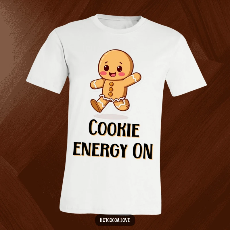 Funny t-shirt with a happy gingerbread cookie character mid-skip, showcasing pure delight and festive holiday spirit.