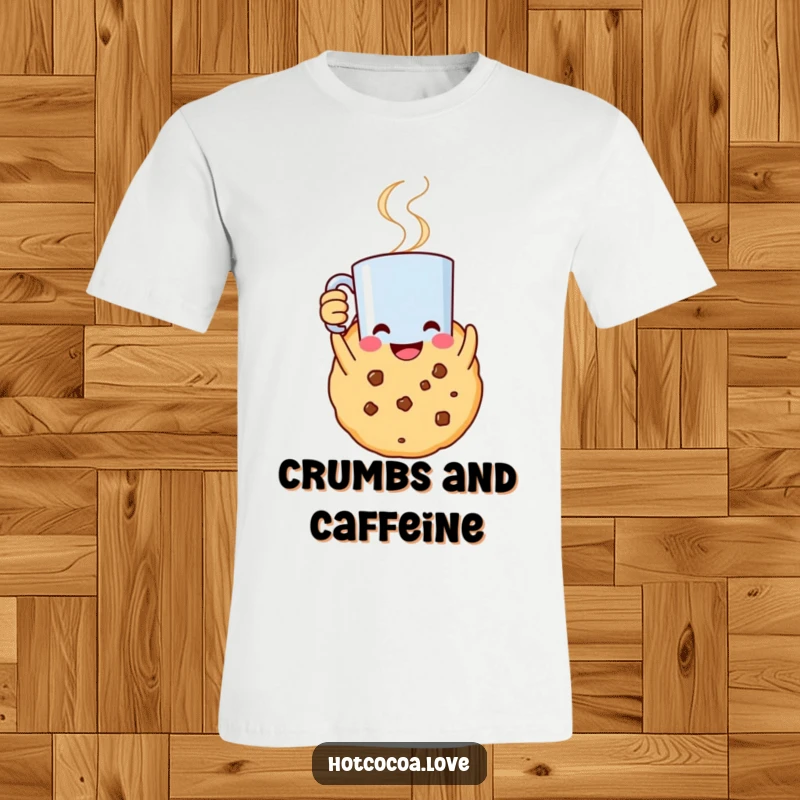 Funny t-shirt showcasing a smiling cookie character holding a steaming mug high in a gesture of joyful celebration.