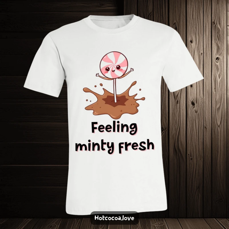 Funny Peppermint Stick character in a precarious balance atop a splashing cup of hot cocoa, joyful holiday graphic.