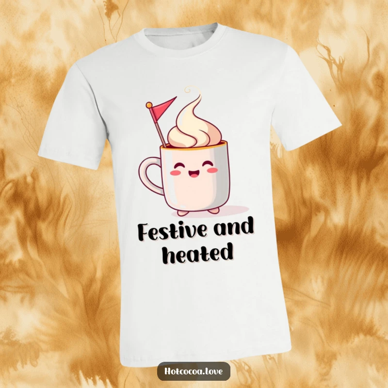 Funny steaming mug character waving a festive flag on a t-shirt, perfect for holiday celebrations and adding cheer.