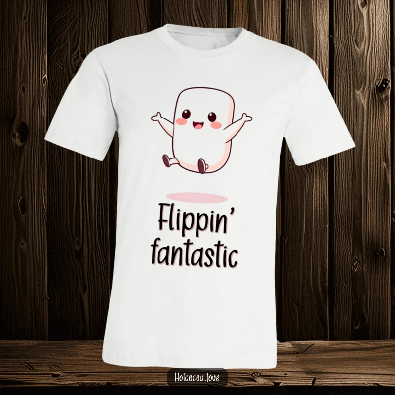 Funny t-shirt showcasing a cute marshmallow character mid-cartwheel, full of energy and playful joy.