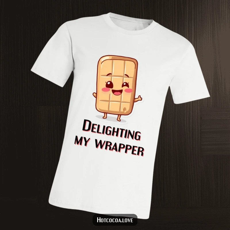 Funny chocolate bar character delightedly wiggling its wrapper, printed on a comfortable t-shirt, a humorous and sweet piece.