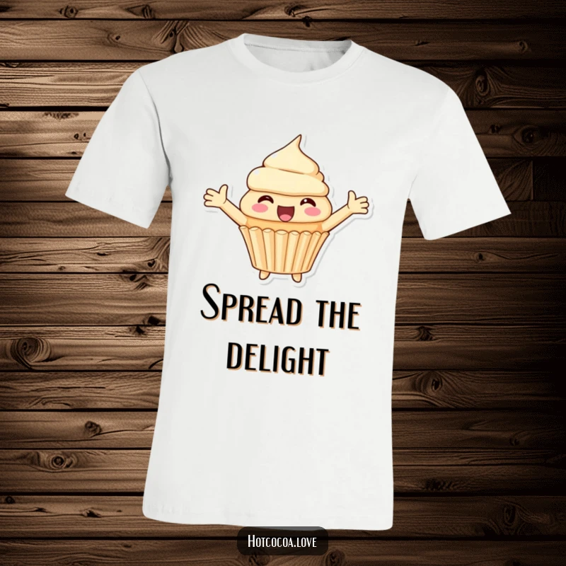 Funny t-shirt featuring a happy cupcake character with arms spread wide, inviting a hug and radiating pure delight.
