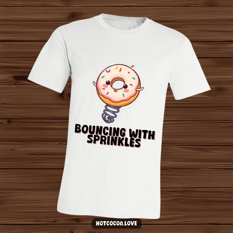 Funny donut character with sprinkles energetically bouncing on a spring, printed on a comfortable t-shirt, making it a humorous gift.