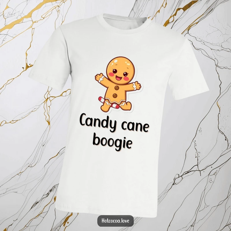 Funny t-shirt showcasing a delighted gingerbread cookie character energetically dancing on a colorful candy cane, perfect for festive fun.