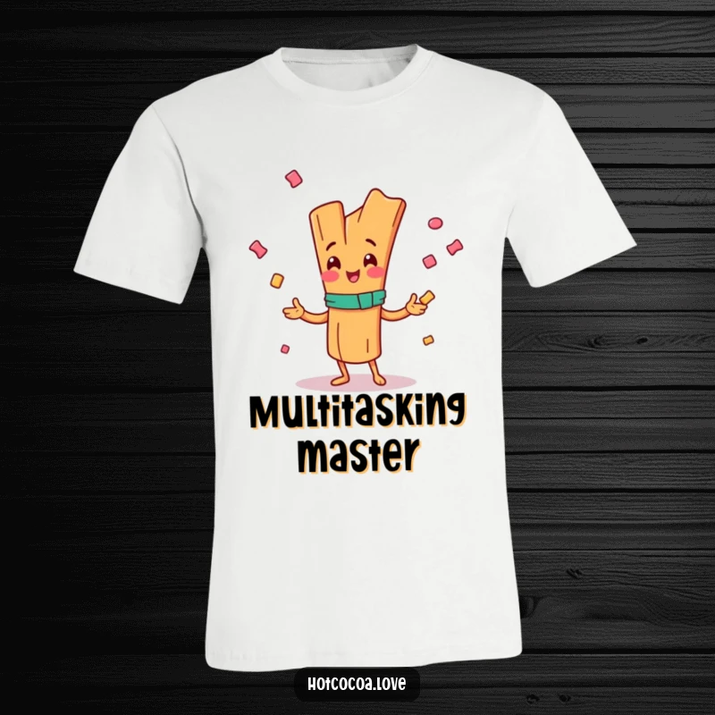 Funny t-shirt with a happy cinnamon stick character juggling small candy pieces, vibrant and cheerful, ideal funny gift.