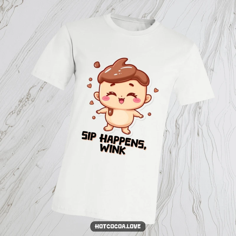 Funny t-shirt showcasing a cute anthropomorphic hot chocolate character playfully winking, perfect for casual, humorous wear.