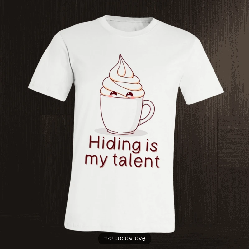 Funny t-shirt with a mischievous whipped cream character hiding behind text or a mug, playful and cute, ideal funny gift.