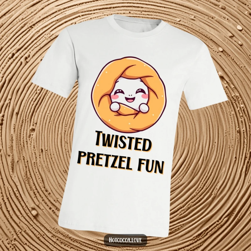 Funny pretzel character grinning and playfully twisting into a knot, printed on a comfortable t-shirt, a humorous snack-lover's favorite.