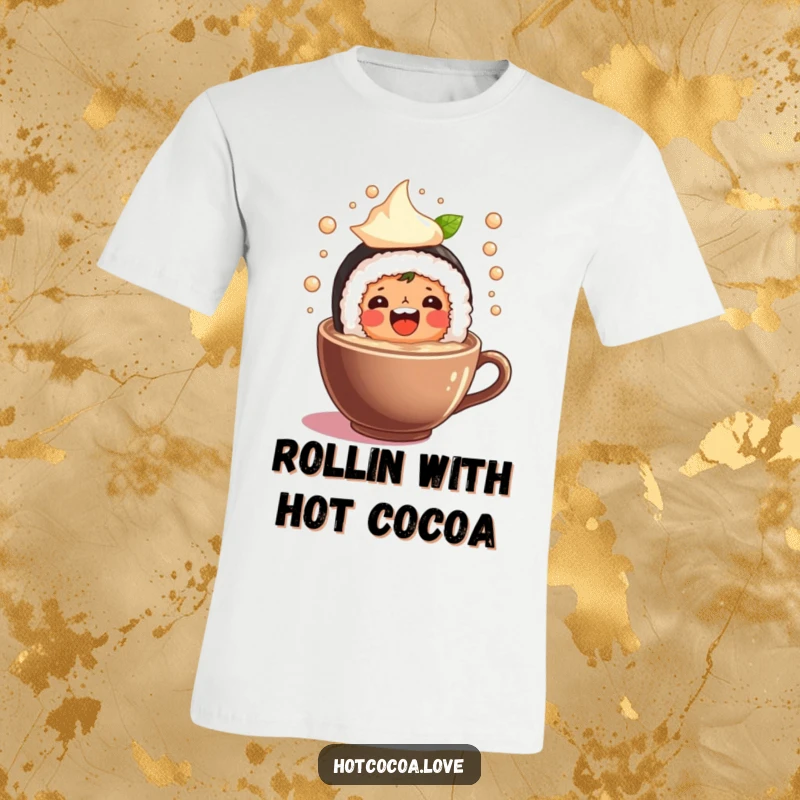 Funny t-shirt featuring a beaming sushi roll character joyfully splashing and having a blast in a cup of hot cocoa.