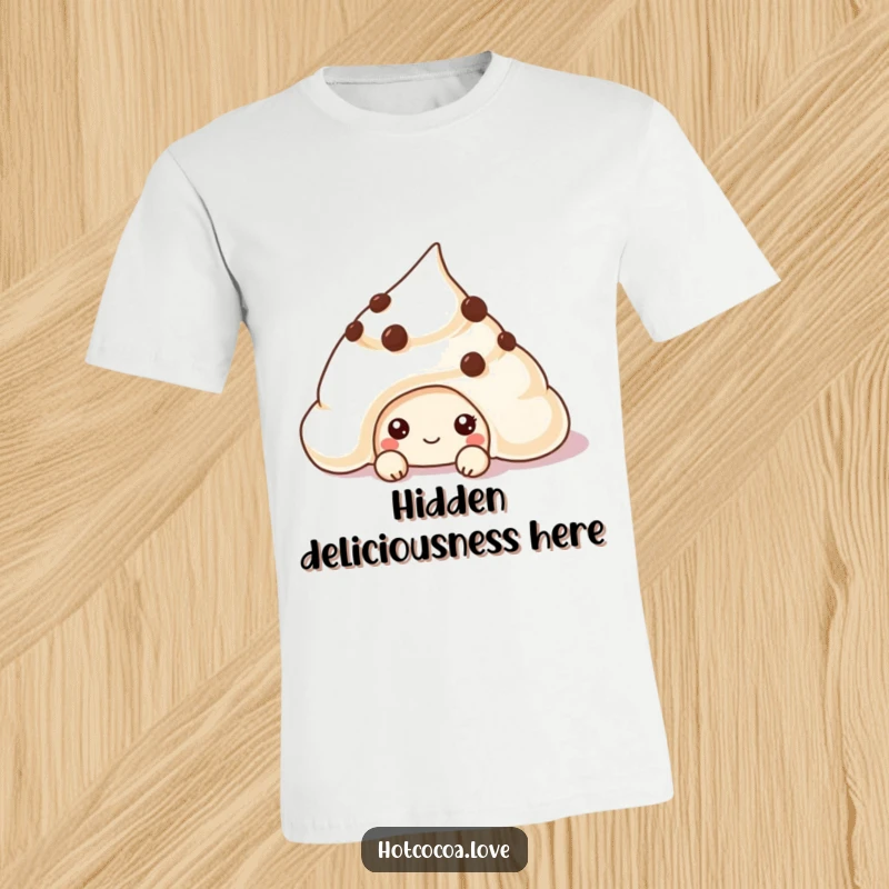 Funny chocolate chip cookie character peeking playfully from cream on a t-shirt, a humorous and sweet design.