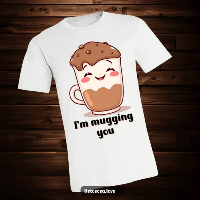 Funny grinning hot chocolate mug taking a selfie, printed on a hilarious t-shirt for camera-loving humor.