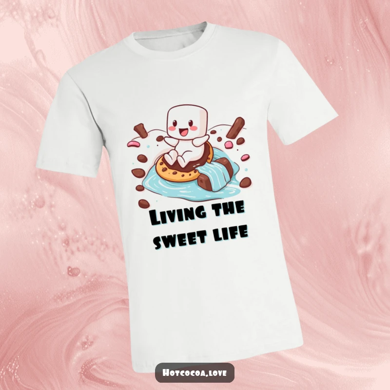 Funny t-shirt depicting a happy marshmallow character sliding down a hot chocolate river on a cookie, celebrating sweet adventures.