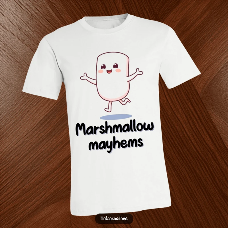 Funny t-shirt featuring a smiling marshmallow character hopping excitedly with arms outstretched. Sweet and joyful design.