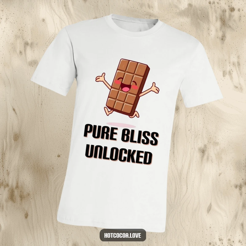 Funny t-shirt with a jolly chocolate bar character jumping for joy, vibrant and celebratory, ideal funny gift.