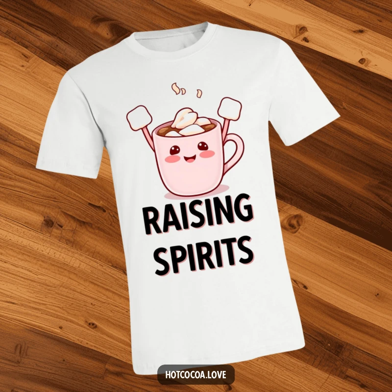 Funny t-shirt with a smiling hot cocoa mug character, arms made of marshmallows spread wide in happy celebration.