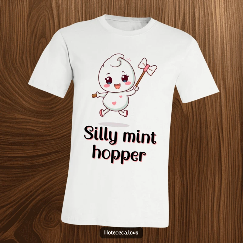 Funny mint candy character doing a silly hop with a stick, printed on a comfortable t-shirt, a humorous and energetic piece.