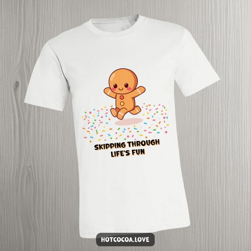 Funny T-shirt depicting a joyful gingerbread character skipping through a colorful field of sprinkles, symbolizing playful happiness.