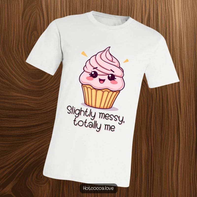 Funny bewildered cupcake with askew frosting, looking confused, printed on a hilarious t-shirt for dessert humor.