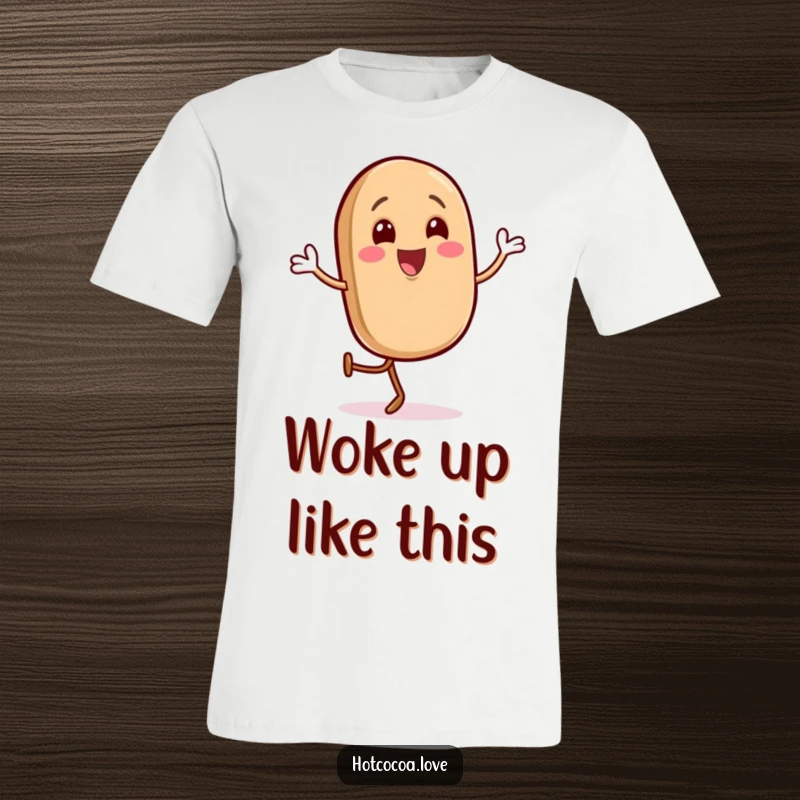 Funny t-shirt with a gleeful coffee bean character doing a happy jig, vibrant and fun, ideal funny gift.