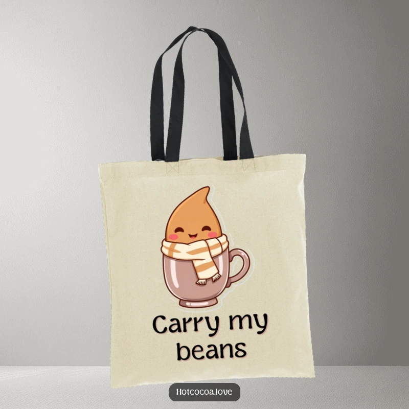 Funny tote bag featuring a smiling cocoa bean character wearing a tiny scarf, peeking from a mug, perfect for daily use.