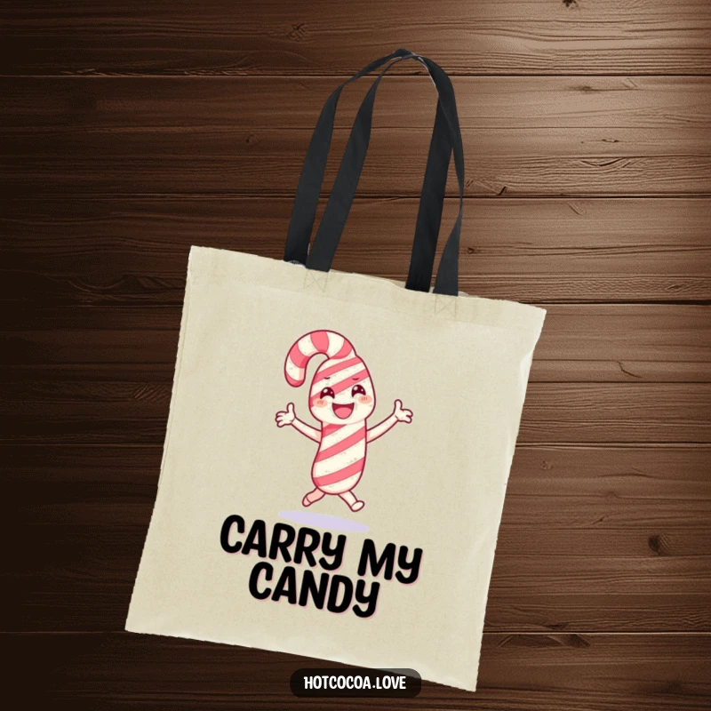Funny tote bag with a happy candy cane character dancing joyfully, ideal for carrying holiday essentials with festive cheer.