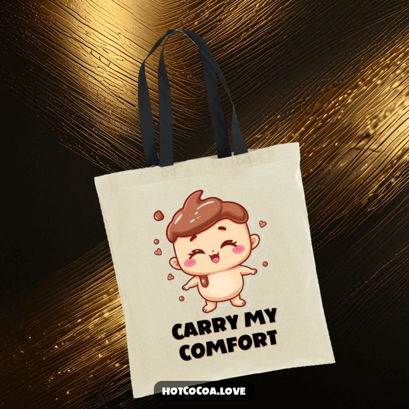 Funny tote bag featuring a playful anthropomorphic hot chocolate character winking, ready to carry your goodies.