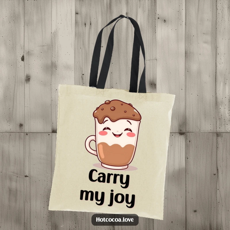 Funny grinning hot chocolate mug mugging for the camera, printed on a humorous tote bag for daily use.