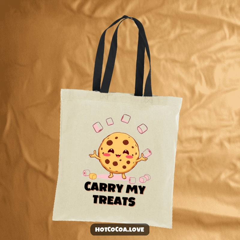 Funny tote bag with a beaming cookie character juggling marshmallows, a cute and humorous accessory.