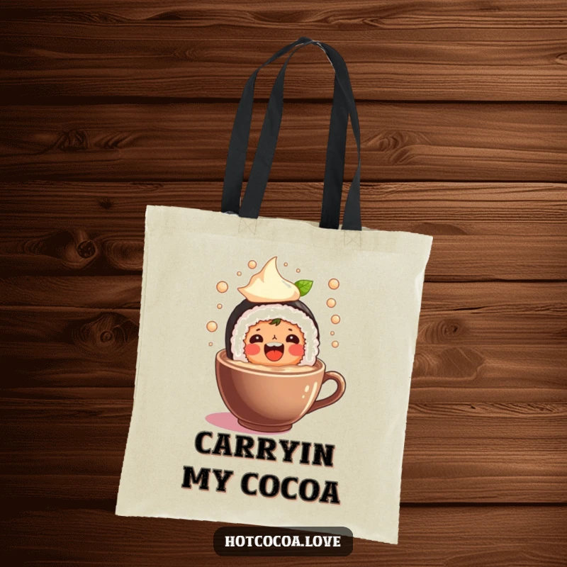 Funny tote bag depicting a beaming sushi roll character gleefully splashing in a cup of hot cocoa, a practical and humorous accessory.