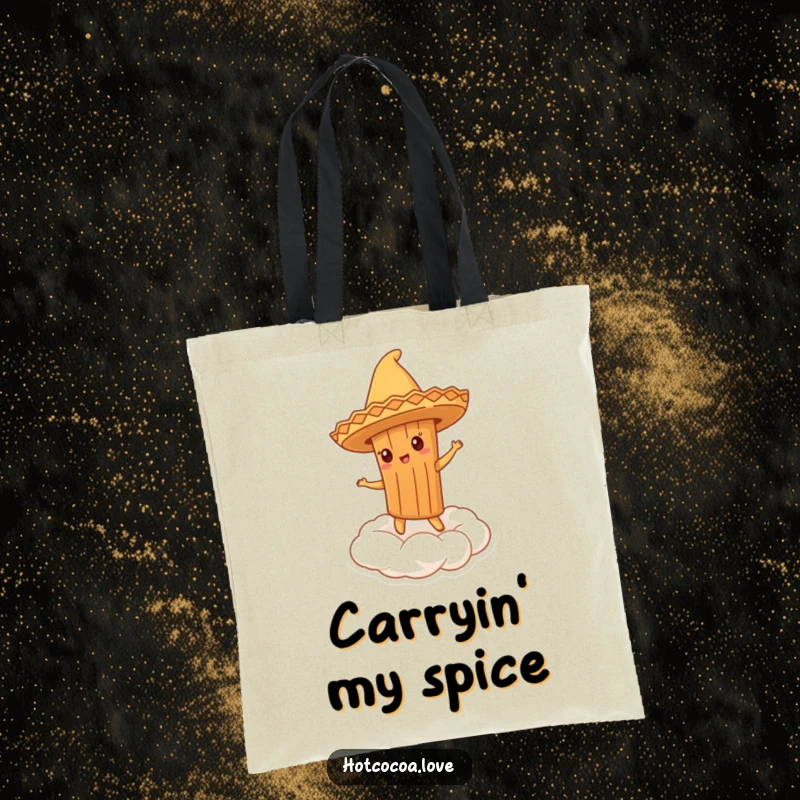 Funny tote bag with a cinnamon stick wearing a sombrero, dancing on whipped cream, great for carrying essentials.