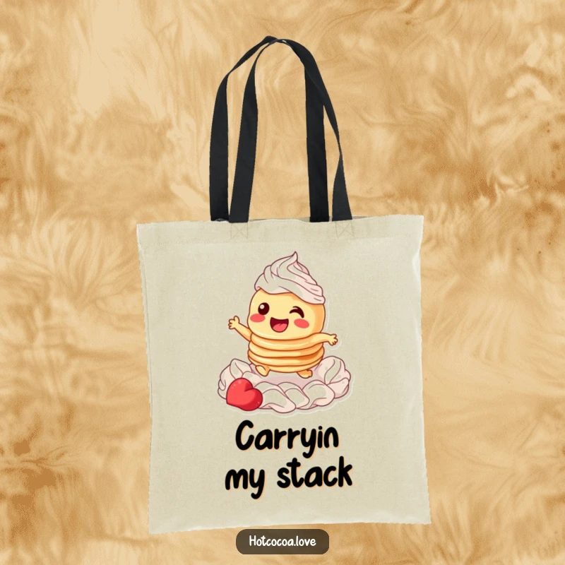 Funny tote bag with a giggling stack of pancakes character joyfully leaping through whipped cream, a fun accessory for foodies.