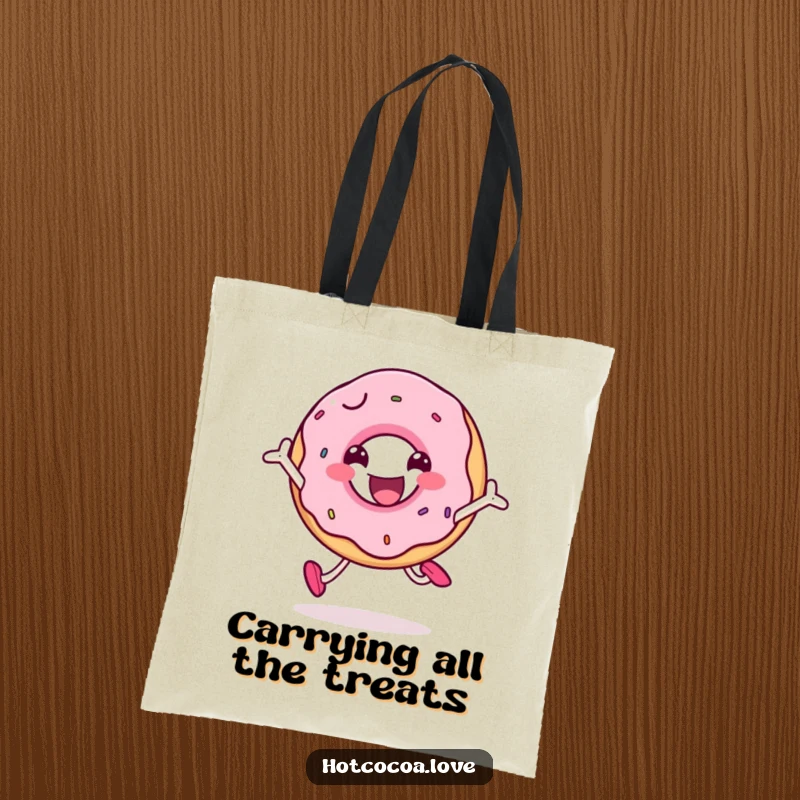 Funny smiling doughnut character leaping with joy, a cheerful and practical tote bag for daily use.