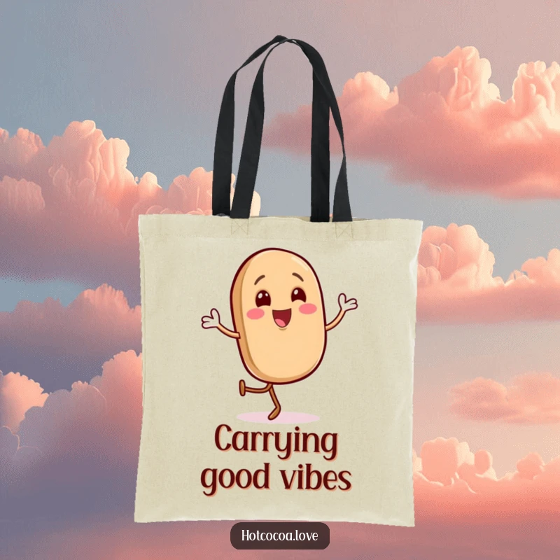 Funny tote bag with a gleeful coffee bean character doing a happy jig, practical and cheerful, great funny gift.
