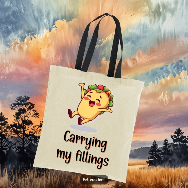 Funny taco cartwheel tote bag showcasing a cheerful taco character doing a cartwheel, ideal for carrying items with a fiesta flair.