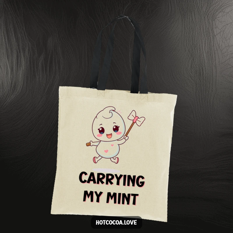 Funny mint candy character with a stick doing a silly hop, illustrated on a durable tote bag, ideal for shopping and fun.