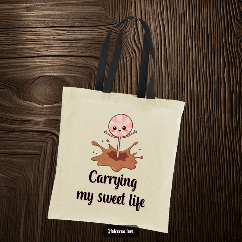 Funny Peppermint Stick character comically balancing on a cocoa splash, durable and humorous tote bag.