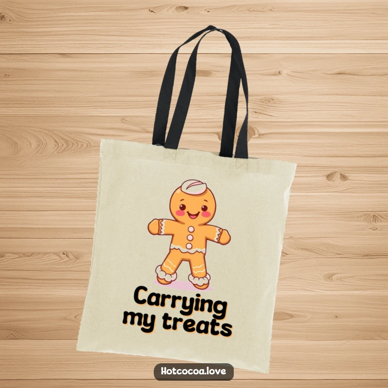 Funny tote bag with a gingerbread man character dancing silly, with whipped cream legs, perfect for everyday use.