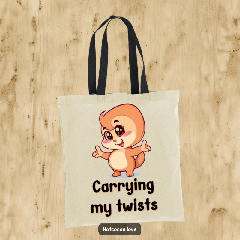 Funny anthropomorphic cinnamon swirl character in a silly goofy pose, durable and humorous tote bag.