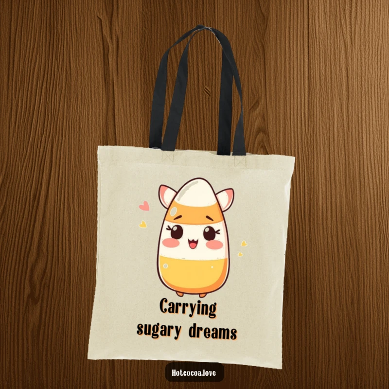 Funny blushing candy corn winking, printed on a humorous tote bag for Halloween shopping and trick-or-treating.