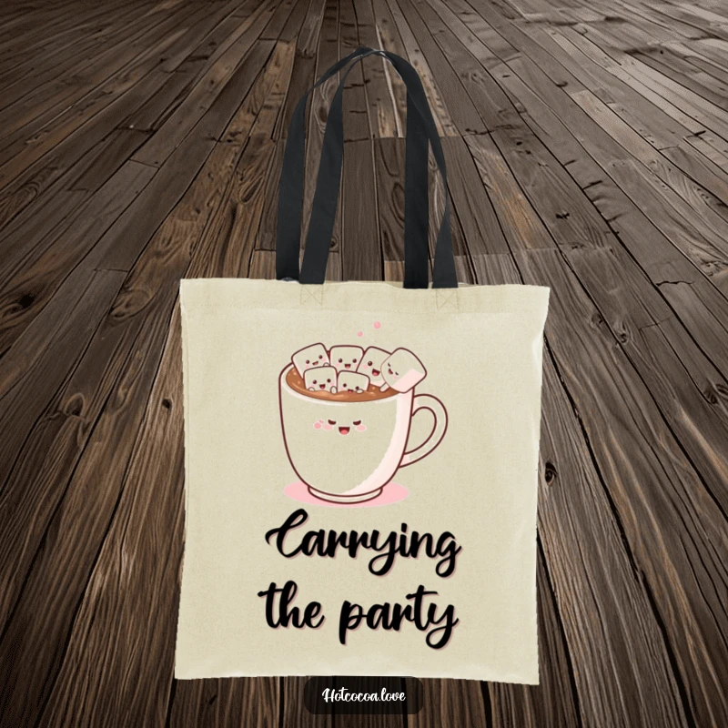 Funny tote bag displaying a hot chocolate mug and marshmallow friends doing a lively conga line, ideal for carrying essentials.