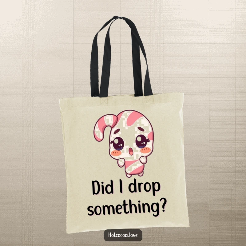Funny tote bag featuring a surprised candy cane character doing a comical double take, perfect for carrying essentials with humor.