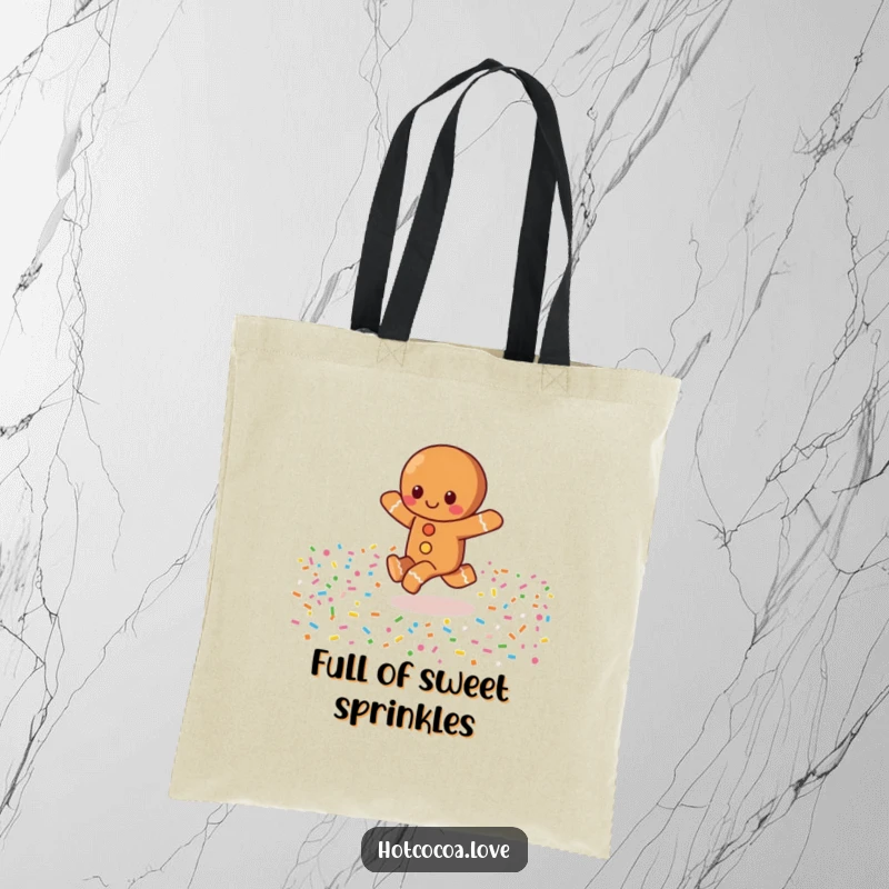 Funny tote bag with a happy gingerbread character skipping through a colorful field of sprinkles, ideal for carrying items with sweet fun.