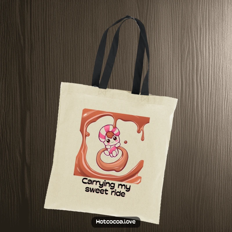 Funny tote bag with a candy cane character sliding down a chocolate syrup swirl, ideal for carrying holiday essentials with fun.
