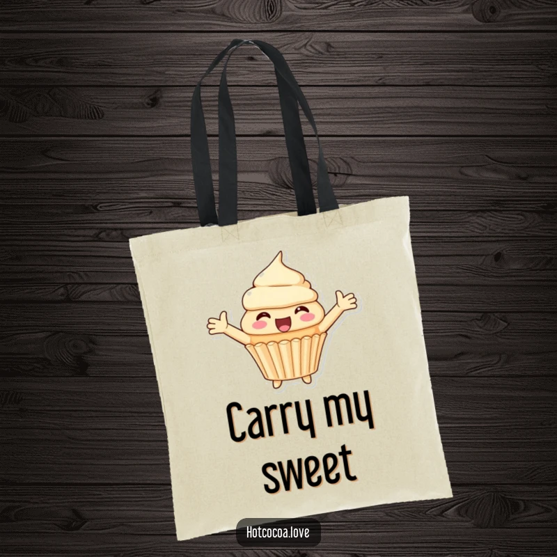 Funny tote bag with a happy cupcake character with arms spread wide, embodying welcoming joy and carrying capacity.